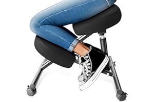 DENGTELI PU Leather Ergonomic Kneeling Chair, Adjustable Home and Office Stool with Thick Pads and Flexible Lockable Brake Wheels for Back Pain Relief（Dark Black）