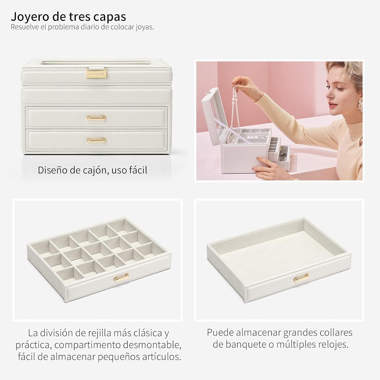 Jewelry Box with Glass Lid for Mothers Day Gifts, 3 Layer Jewelry Organizer with 2 Drawers, Large Leather Jewelry Storage for Necklaces Rings Earrings Bracelets Watches(White): Home Improvement