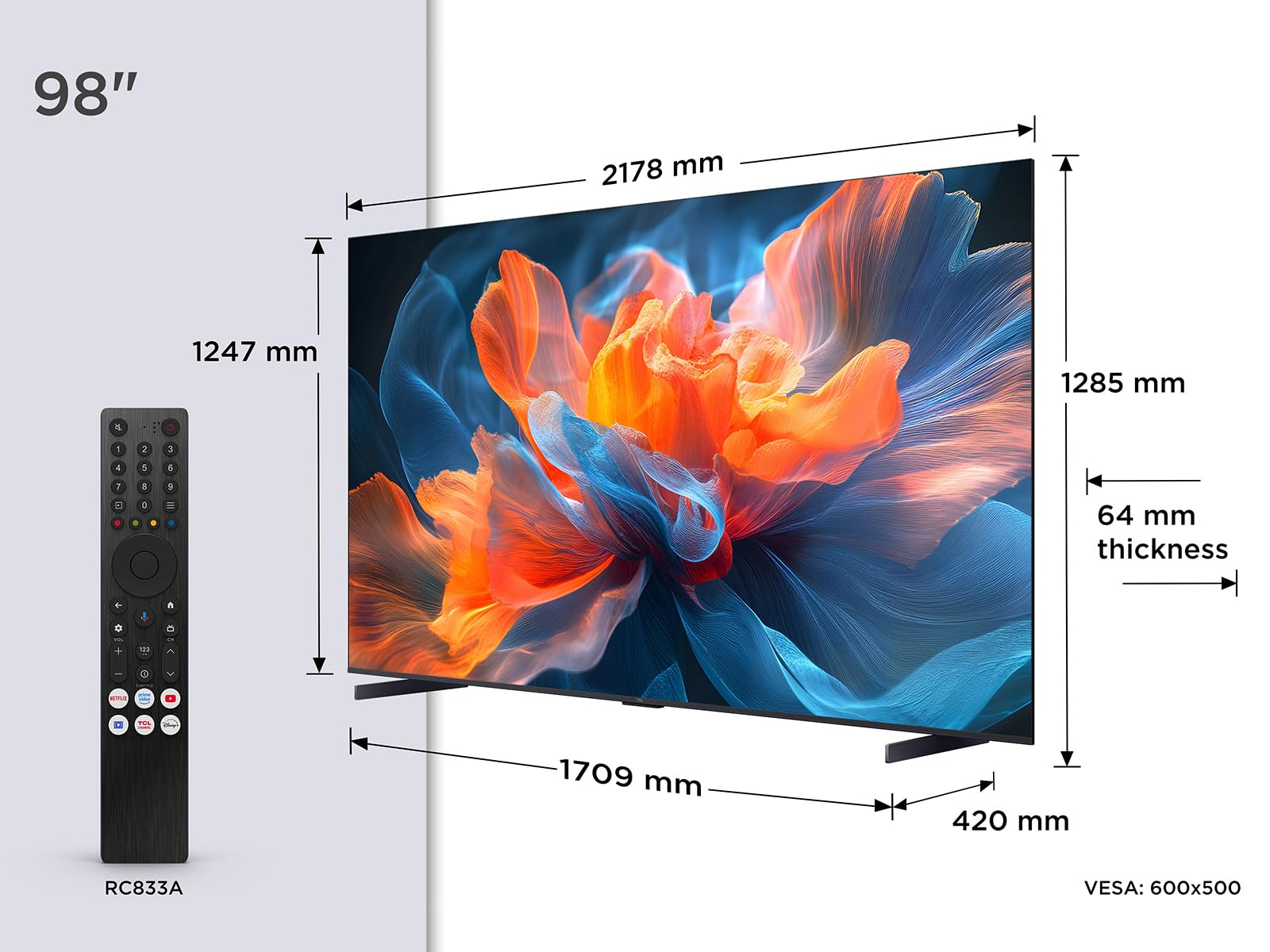 TCL 98T8C 98 Zoll QLED 4K HDR Ultra HD Fernseher, Smart TV mithilfe von Google TV (Dolby Vision Atmos, 144Hz Motion Clarity Pro, Game Bar, ALLM, FreeSync, Onkyo 2.1 Sound,Sprachsteuerung)