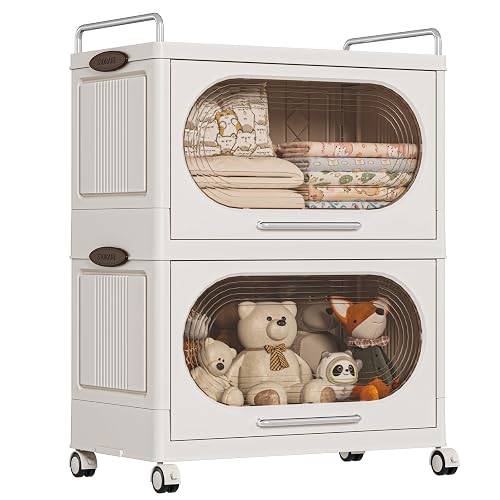 Dripex Storage Box with Lids, 2 Tier Folding Storage box with Doors and Wheels, Stackable Storage Organizers for Home Kitchen and Office