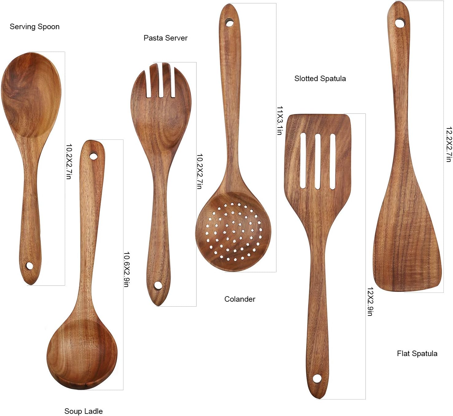 Wooden Cooking Utensils Set 6-Piece Wood Kitchen Utensil Set for Non Stick Cookware Wooden Spatula,Fork,Turner,Ladle,Strainer Spoons (6) - Image 3