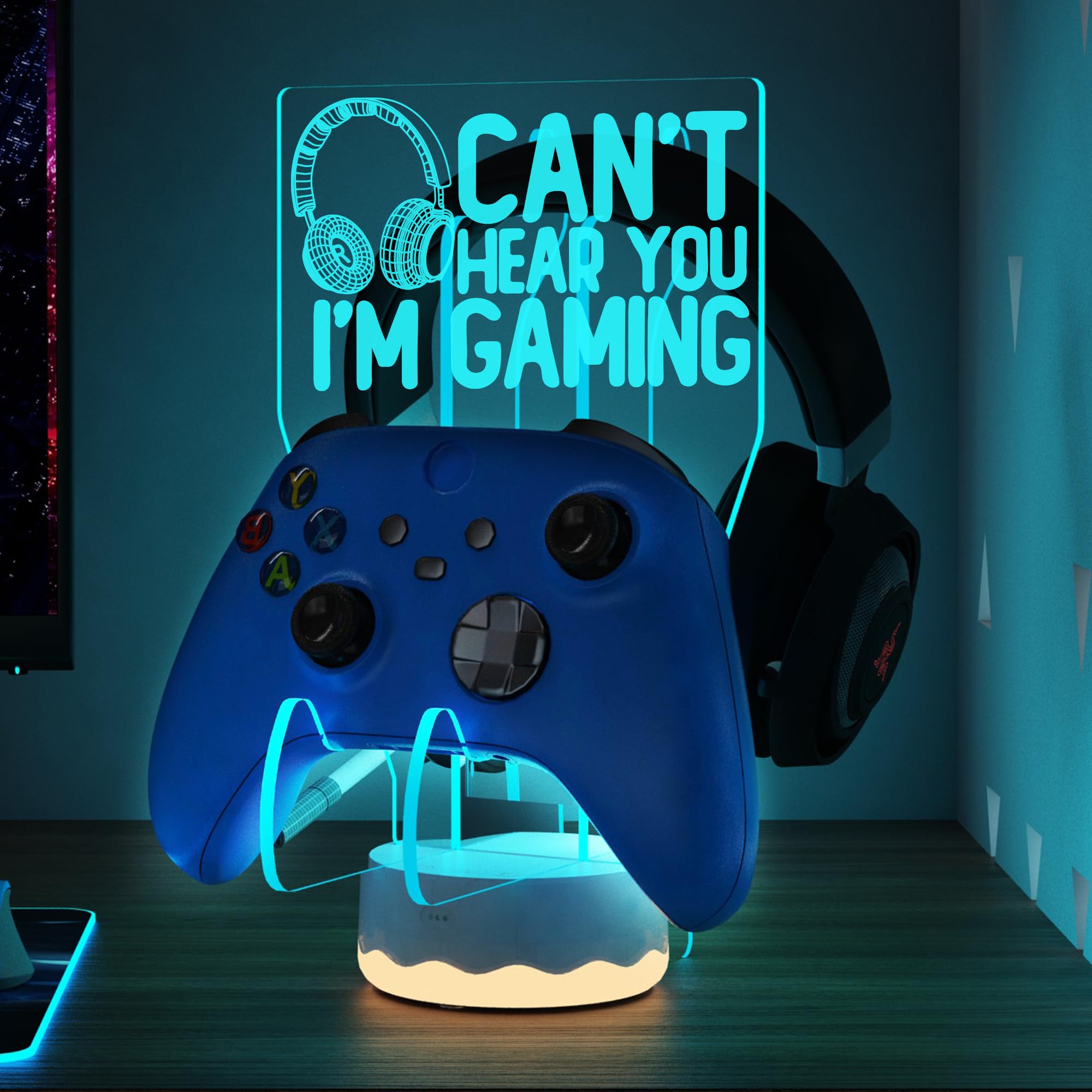 CoolGift Mart Light Up Headset and Controller Stand, 16 Colors 3D LED Lights Gamepad Headphone Holder with Remote Control, Game Controller Hanger for All Universal Gaming PC Accessories