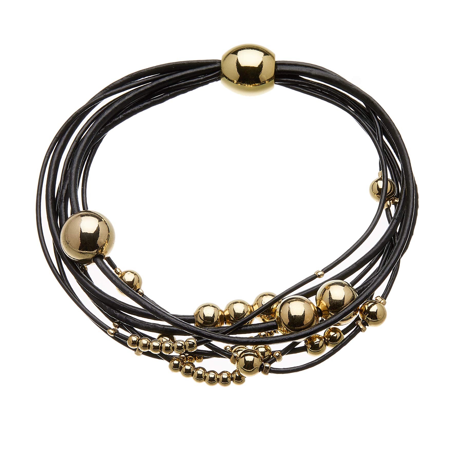 Bello London Bracelet with black leather strands and sliding gold plated beads - Ruth B