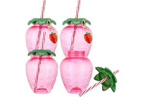 jojofuny 4pcs Strawberry Cups: Portable Strawberry Theme Party Favor Cups Cute Water Bottles with Lids And Straws for Student