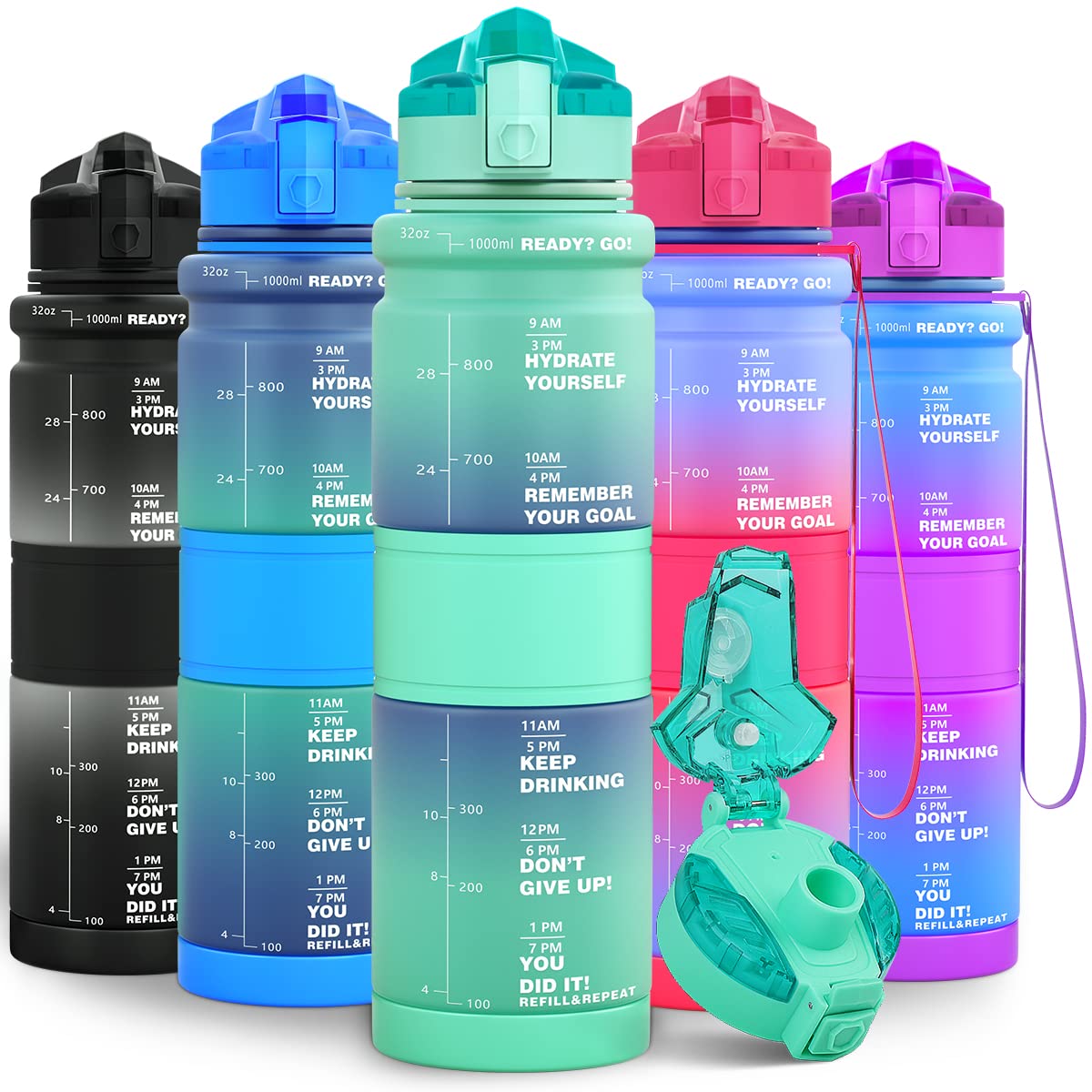 Lunidry 1 Litre Water Bottle, 500ml Kids Water Bottle for School, BPA Free Leakproof Motivational Plastic Drink Bottles with Time Markings, 1l Sports Water Bottles for Running, Gym, Mens