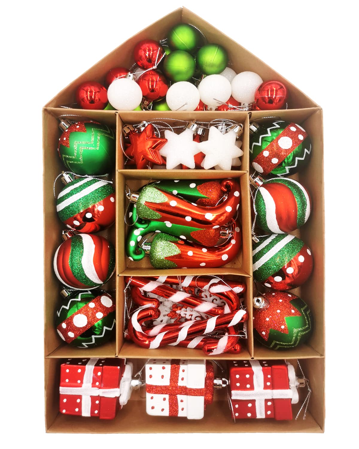 SVNVIOZ Christmas Baubles, 70Pcs 3-10cm Christmas Ball Ornaments Set, Delightful Elf Red Green and White Christmas Ball Ornaments, Shatterproof Xmas Balls for Christmas Tree Decoration