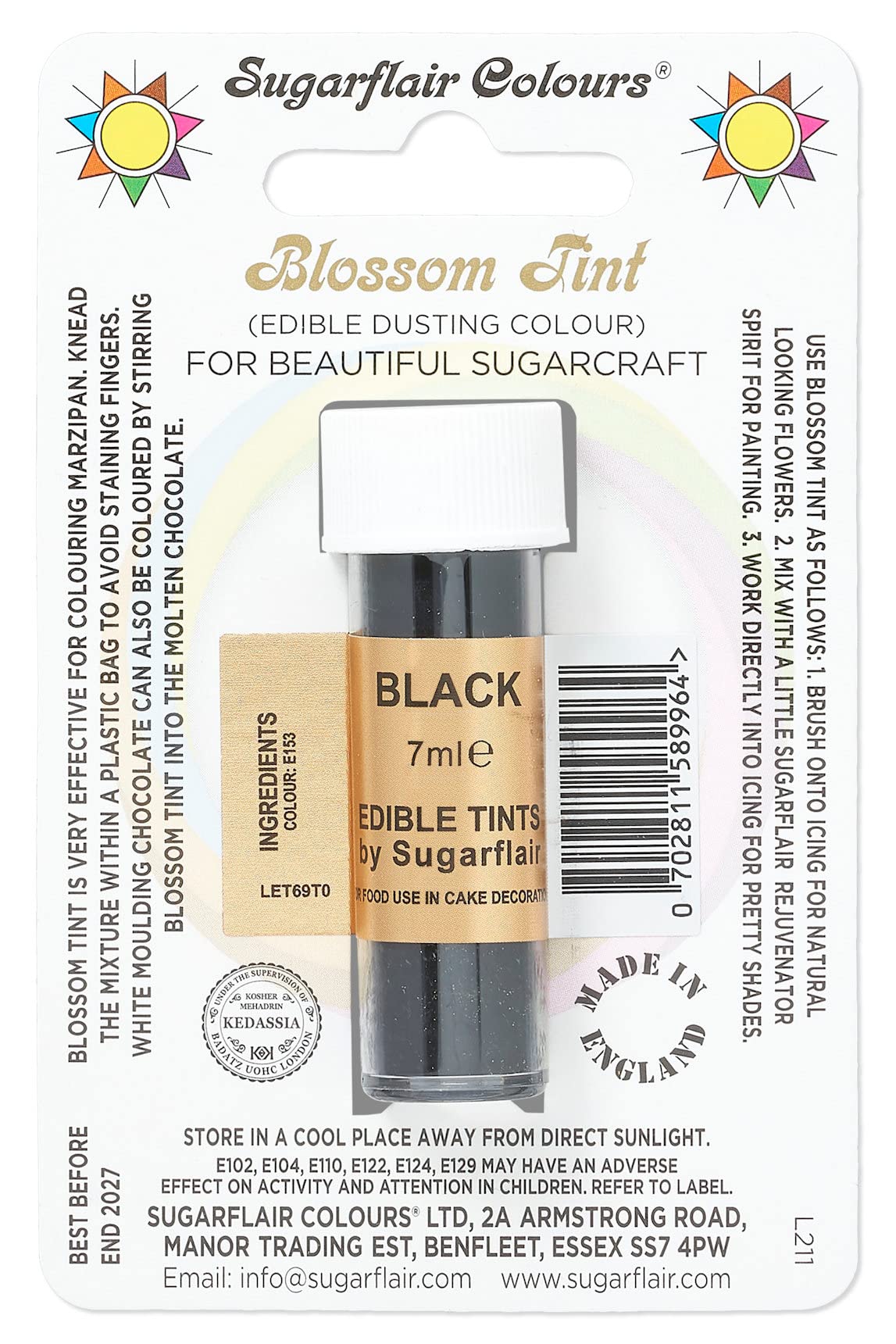 Sugarflair Blossom Tint Black Food Colouring and Dusting Powder, Matt Finish, Brush On or Mix with Rejuvenator Spirit to Create a One of A Kind Cake - 7ml