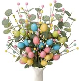 WSTPUPU Artificial Easter Stems 6 Pack Easter Picks Berry Stems 17 Inch Egg Picks with Colorful Eggs Green Eucalyptus Leaves for Home Centerpiece Vase Windowsill Decor and Spring Summer Holidays