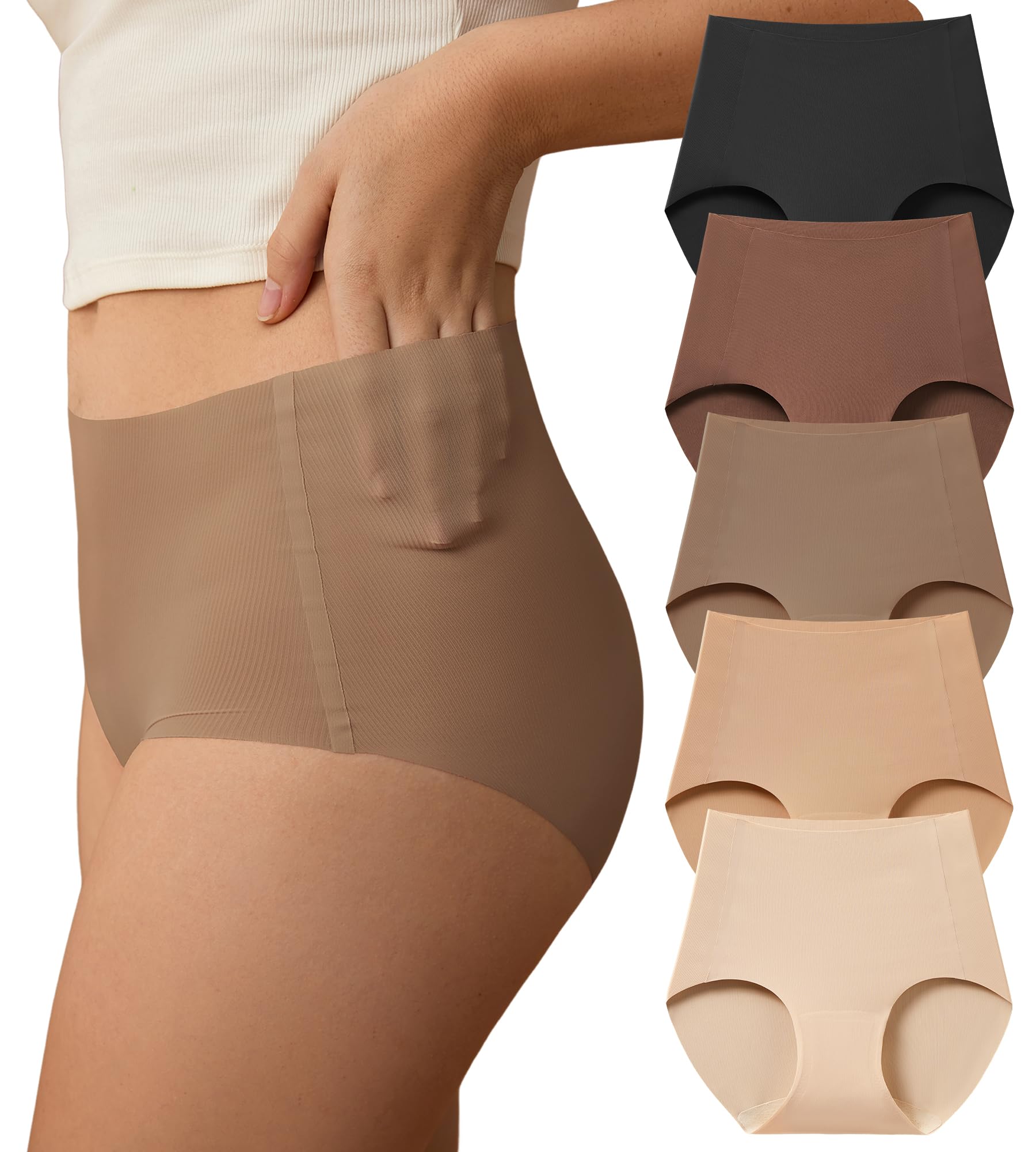 Photo 1 of SHARICCA Seamless High Waisted Underwear for Women No Show Full Coverage Panties Nuage Microfiber Briefs Pack, 5P01, XXL