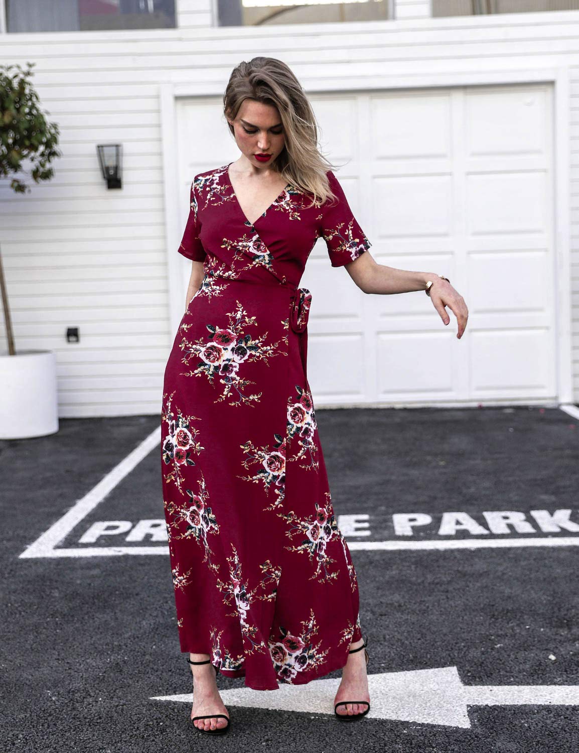 Blooming Jelly Ladies Wrap Dress V Neck Floral Summer Maxi Dresses for Women with Belted Red,M