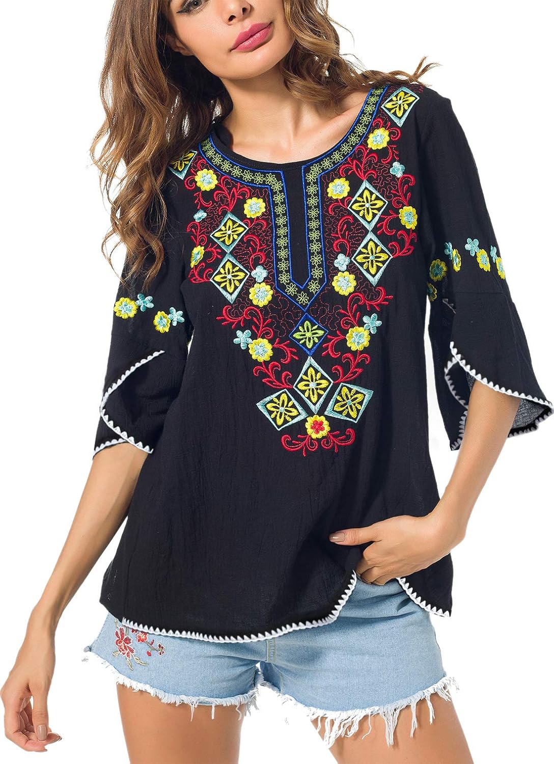 YZXDORWJ Women's Summer Embroidered Mexican Shirts Short Sleeve Casual