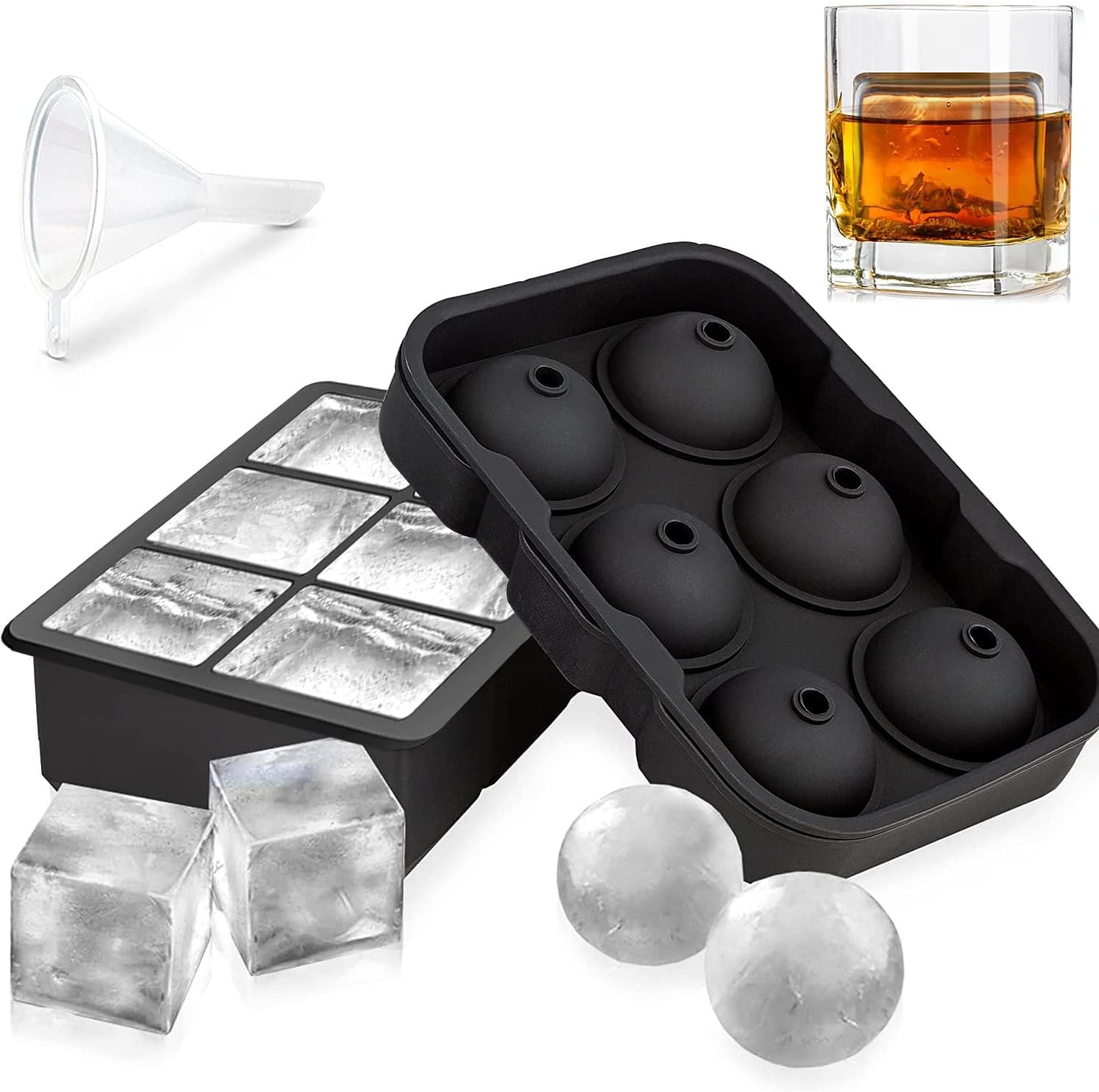RJMAC Silicone Ice Cube Trays,Sphere Ice Ball Maker with Lids & Large Square Ice Cube Molds for Cocktail, Freezer,Juice,Chocolate - Black, 100029-95UKA01