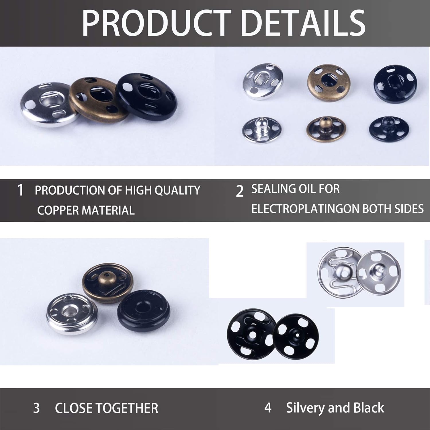 Meikeer 100 Sets Sew-on Snap Buttons Brass Snap Fastener Buttons Press Button Sew on Press Studs for Sewing Clothing Silvery and Black(10mm)