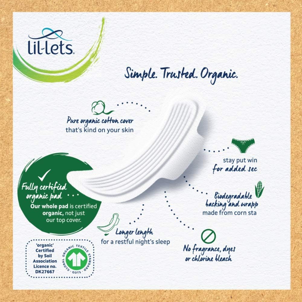 Lil-Lets Organic Cotton Night Pads, 9 Count, Ultra Thin, with Wings, for Medium to Heavy Flow GOTS Certified, Plastic Free - Image 4
