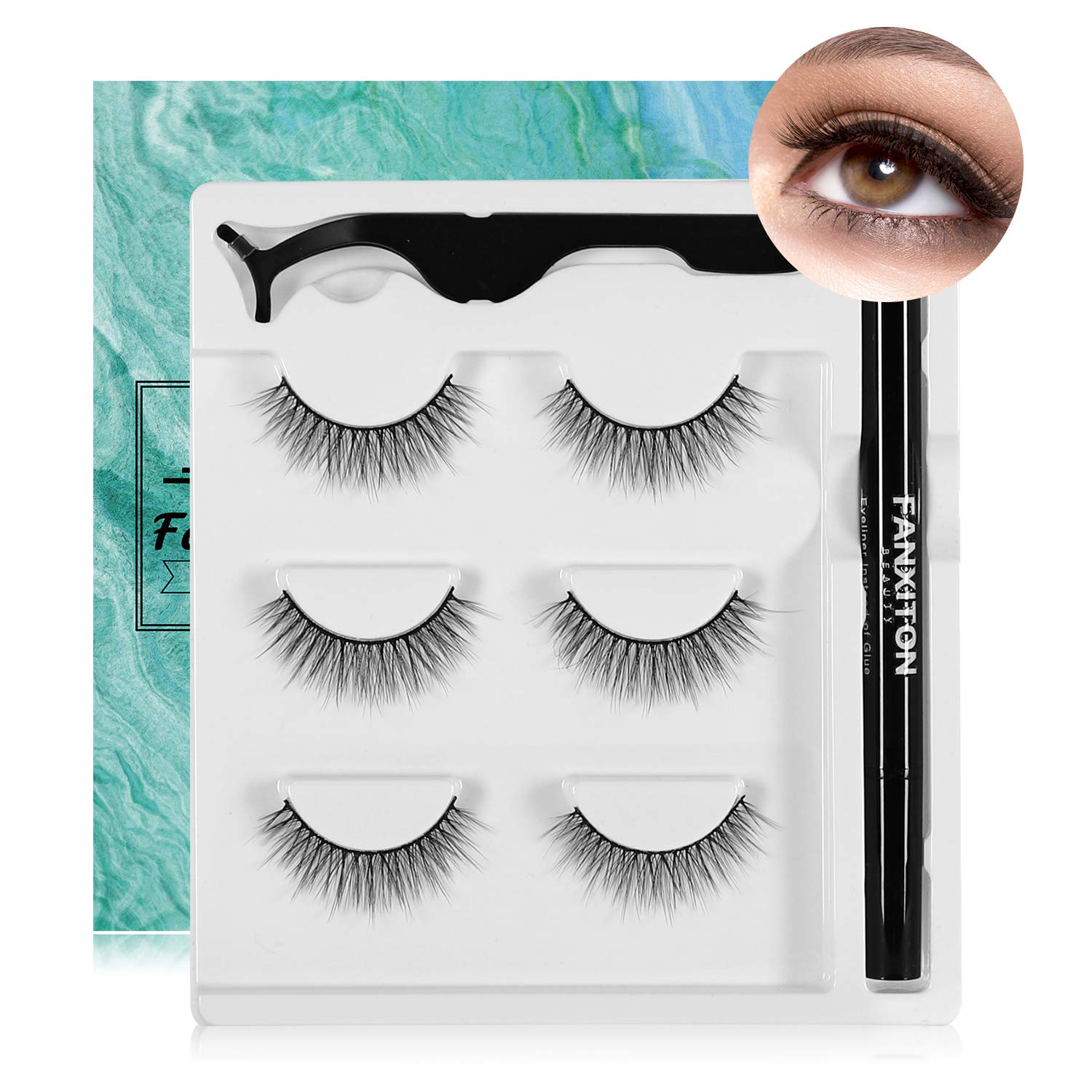 3 Pairs Natural False Eyelashes with Eyeliner Kit, FANXITON Eyelashes with 2-in-1 Eyeliner - Strong Hold for Lashes - No Magnet and No Glue Needed - So Easy to Apply