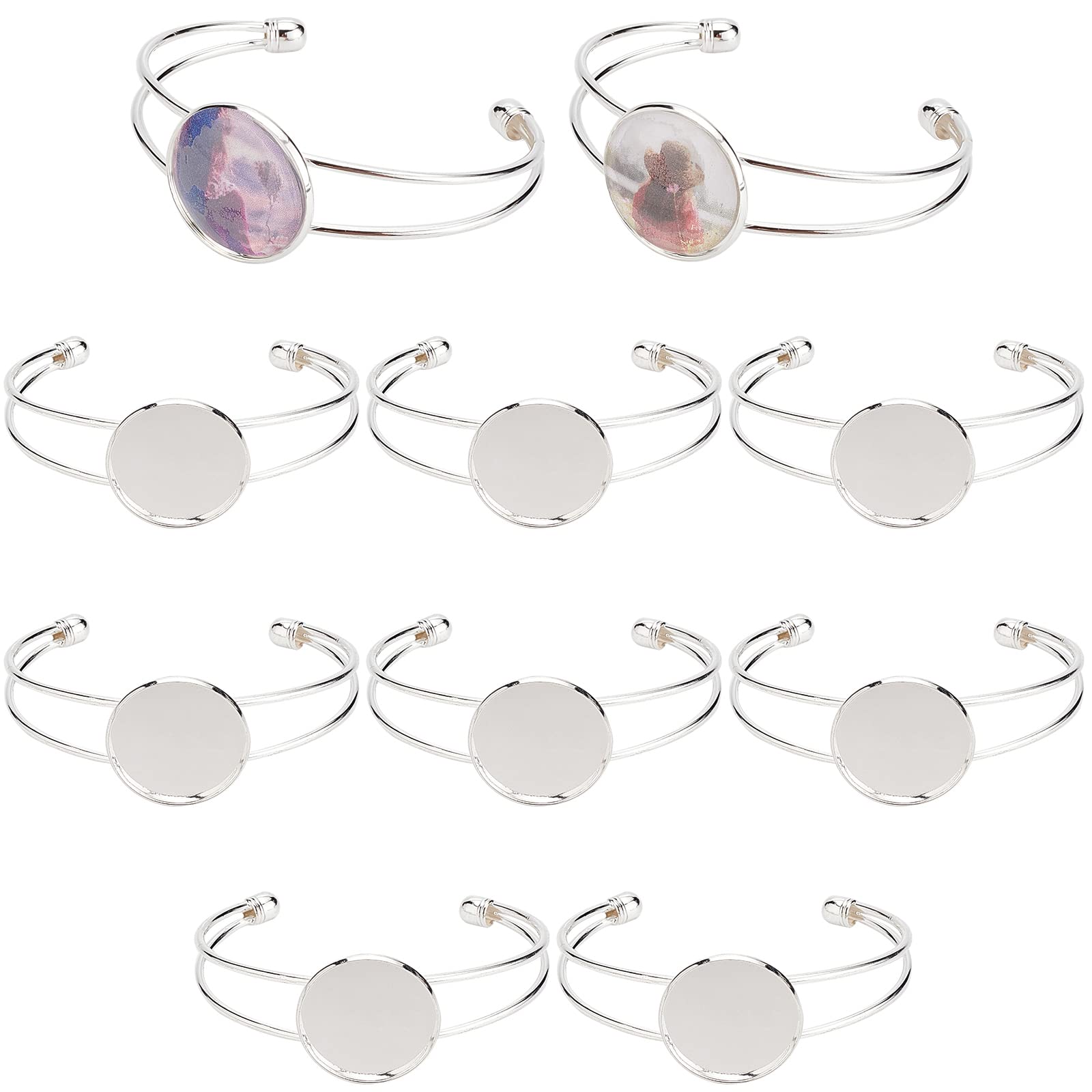 SUNNYCLUE 10Pcs 25 mm Cabochon Bezel Tray Blank Bangle Adjustable Round Bracelet Brass Bracelet Blanks for Jewellery Making Blank Bezel Settings Bulks DIY Craft Adult Women Valentine's Day Silver