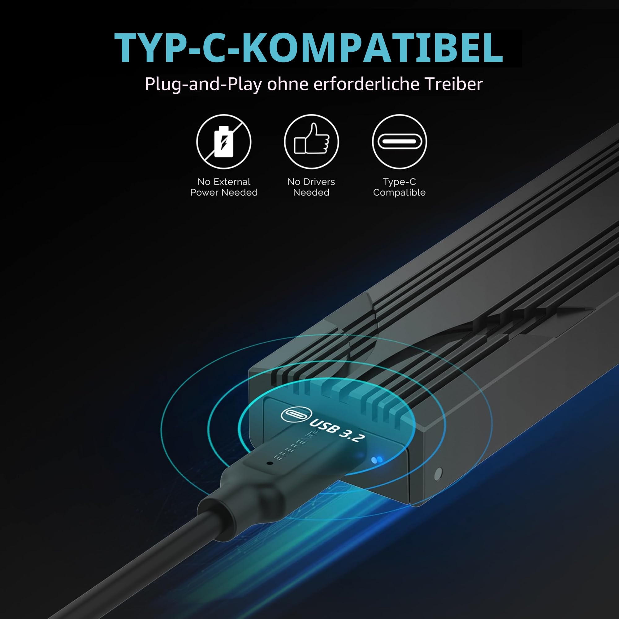 SABRENT NVMe Gehäuse USB 3.2 Type-C für M.2 SSDs 2230/2242/2260/2280, nur NVMe (Keine SATA), 10Gbps Gen 2, werkzeuglos, Aluminium-Kühlkörper, Type-A Adapter, Plug & Play (EC-PNVO) 4
