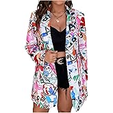 WDIRARA Women's Plus Size Lapel Collar Open Front Graffiti Graphic Button Blazer Jacket