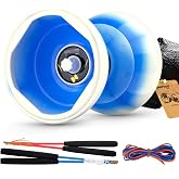 MD01 Chinese Yoyo for Kids and Adults, Professional Triple Bearing Diabolo | 5&rdquo;Size Diabolo Yoyo Toy with 2 Carbon Sticks, 2 Strings, 1 Drawstring Bag Long Spin, TPR Shock-Absorbing Body (Blue White)