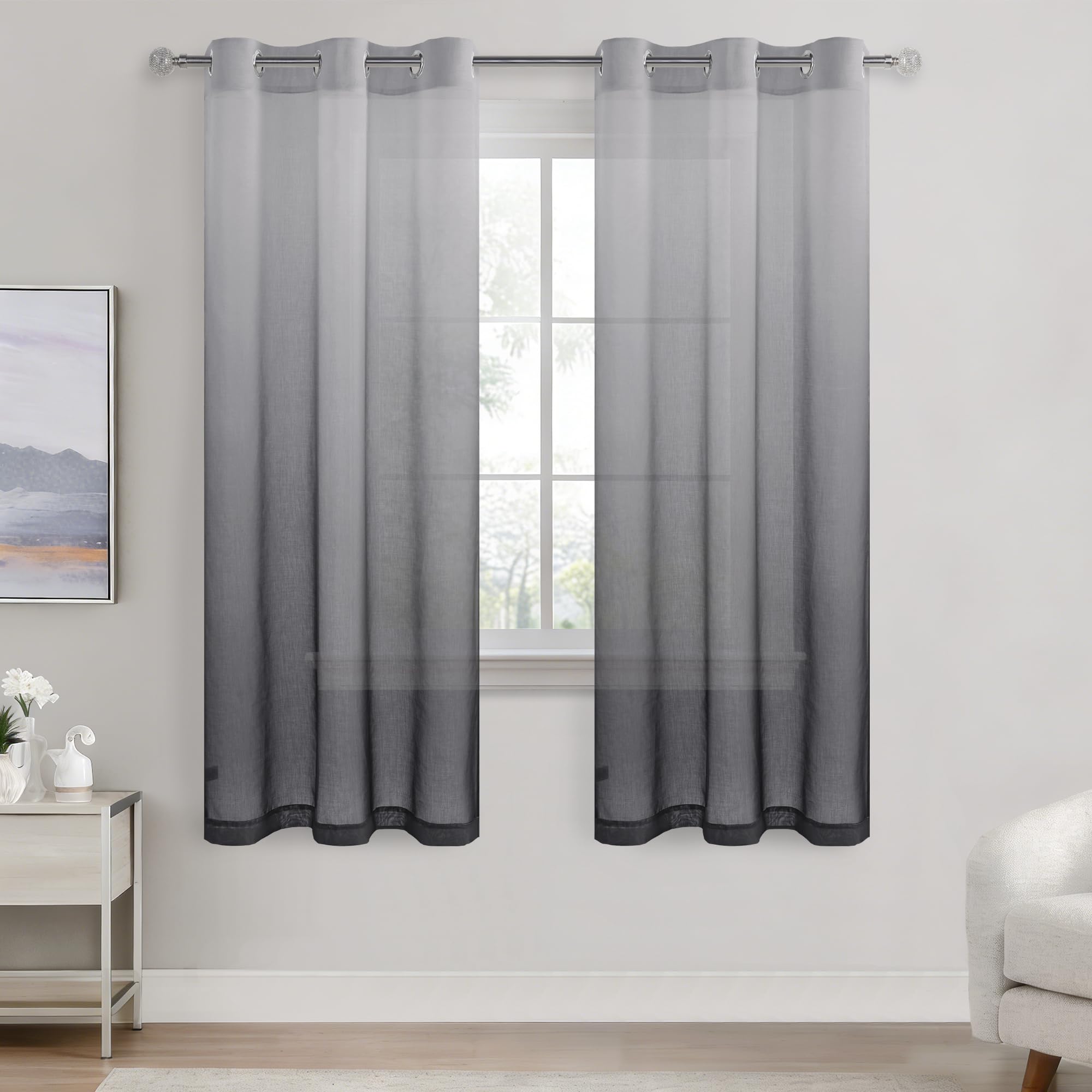 DWCN Voile Curtain Grey Gradient Curtains for Living Room Eyelet Net Curtains for Windows Sheer Curtains for Bedroom Set of 2, 46 x 72 Inches