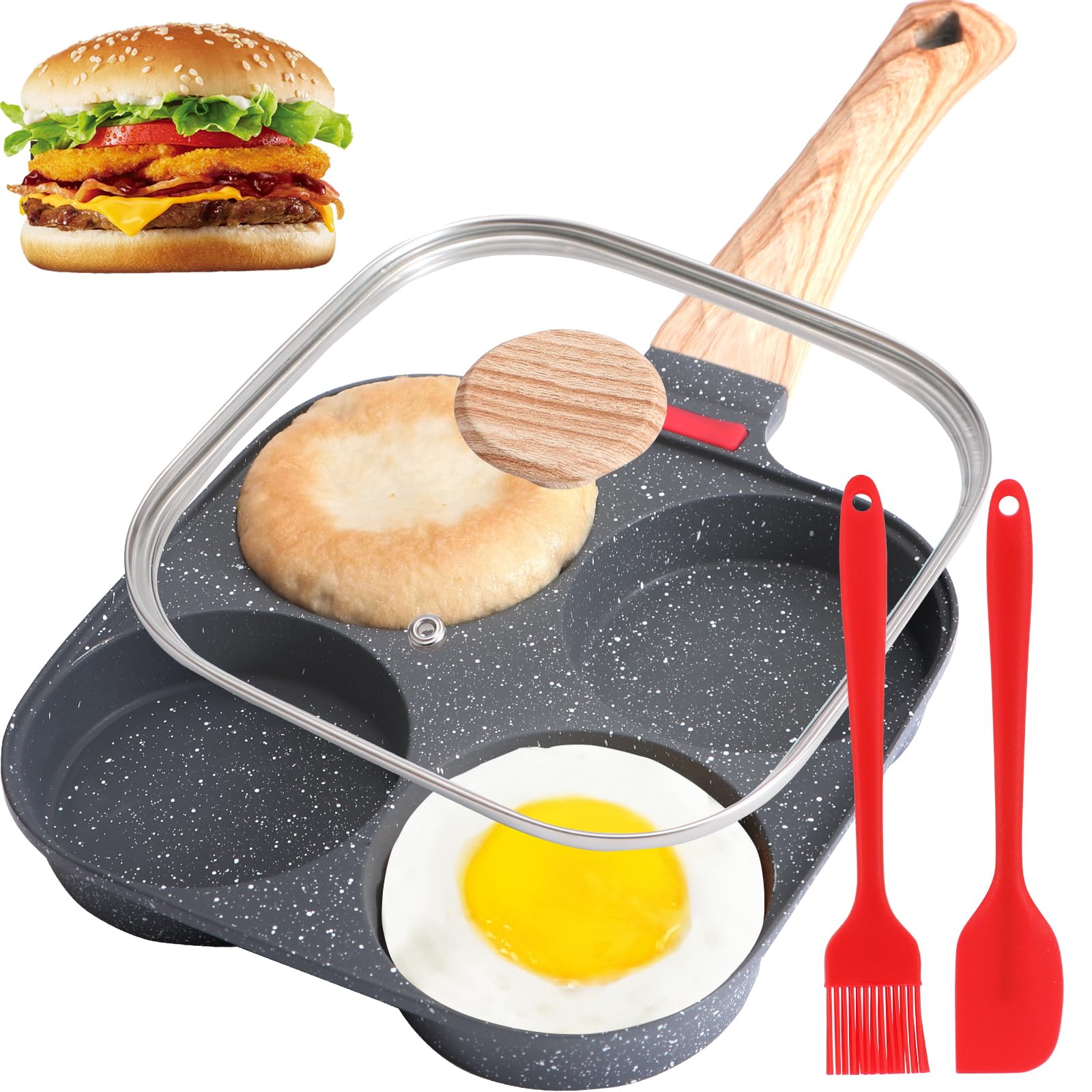 Photo 1 of 4-Cup Egg Pan, Premium Egg Pans Nonstick, Omelette Pan with Lid , Healthy Egg Frying Pan for Breakfast, Egg Sandwich, Hamburger, Pancake, Egg Skillet Suitable for Gas Stove & Induction Cookware