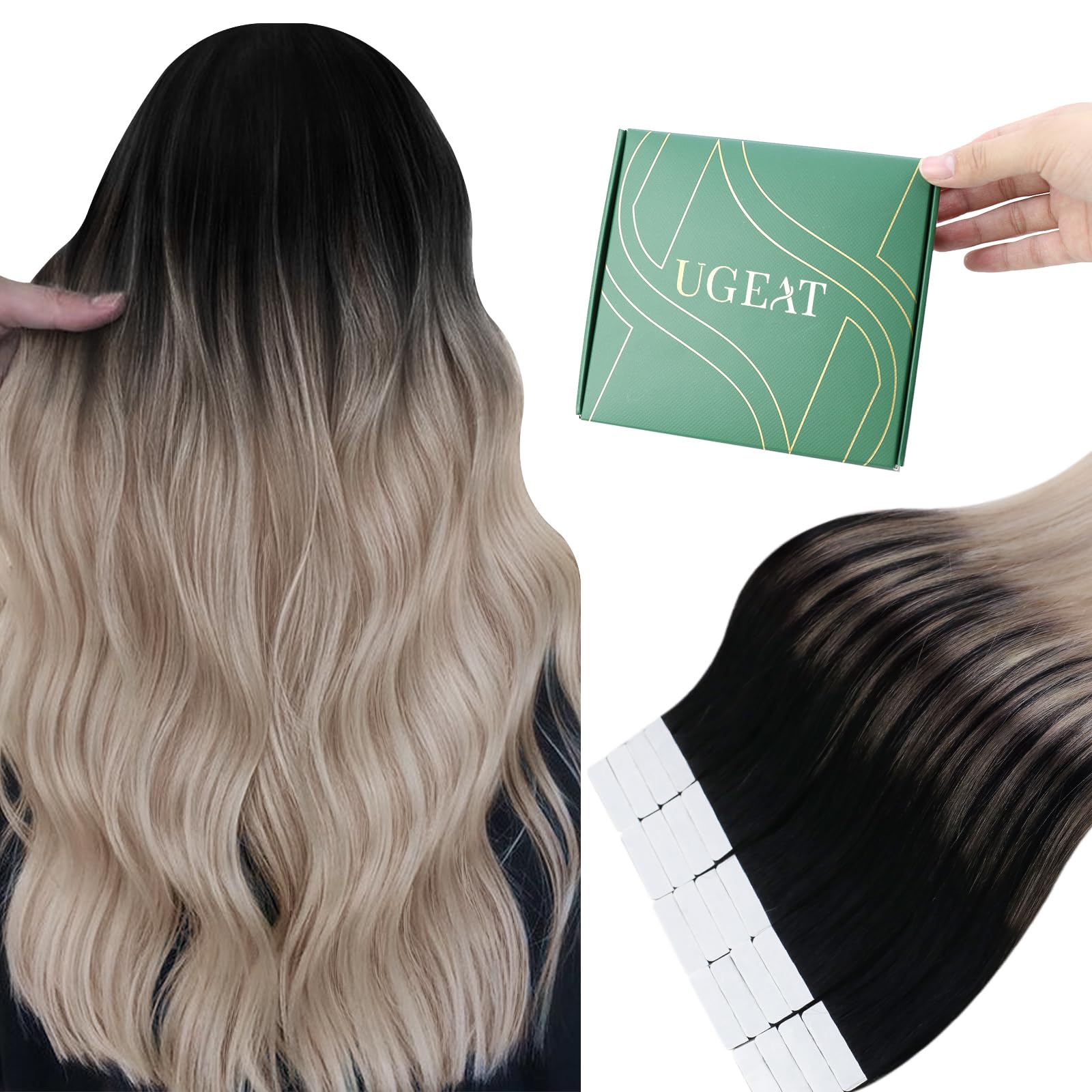 Ugeat Invisible Tape in Hair Extensions Human Hair Black to Blonde Balayage 14 Inch Hair Extensions Tape in Real Human Hair Blonde Ombre 40G 20Pcs for Girls 1B/18/60