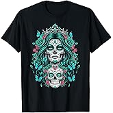 De Los Muertos La Catrina Day of The Dead Floral Sugar Skull T-Shirt