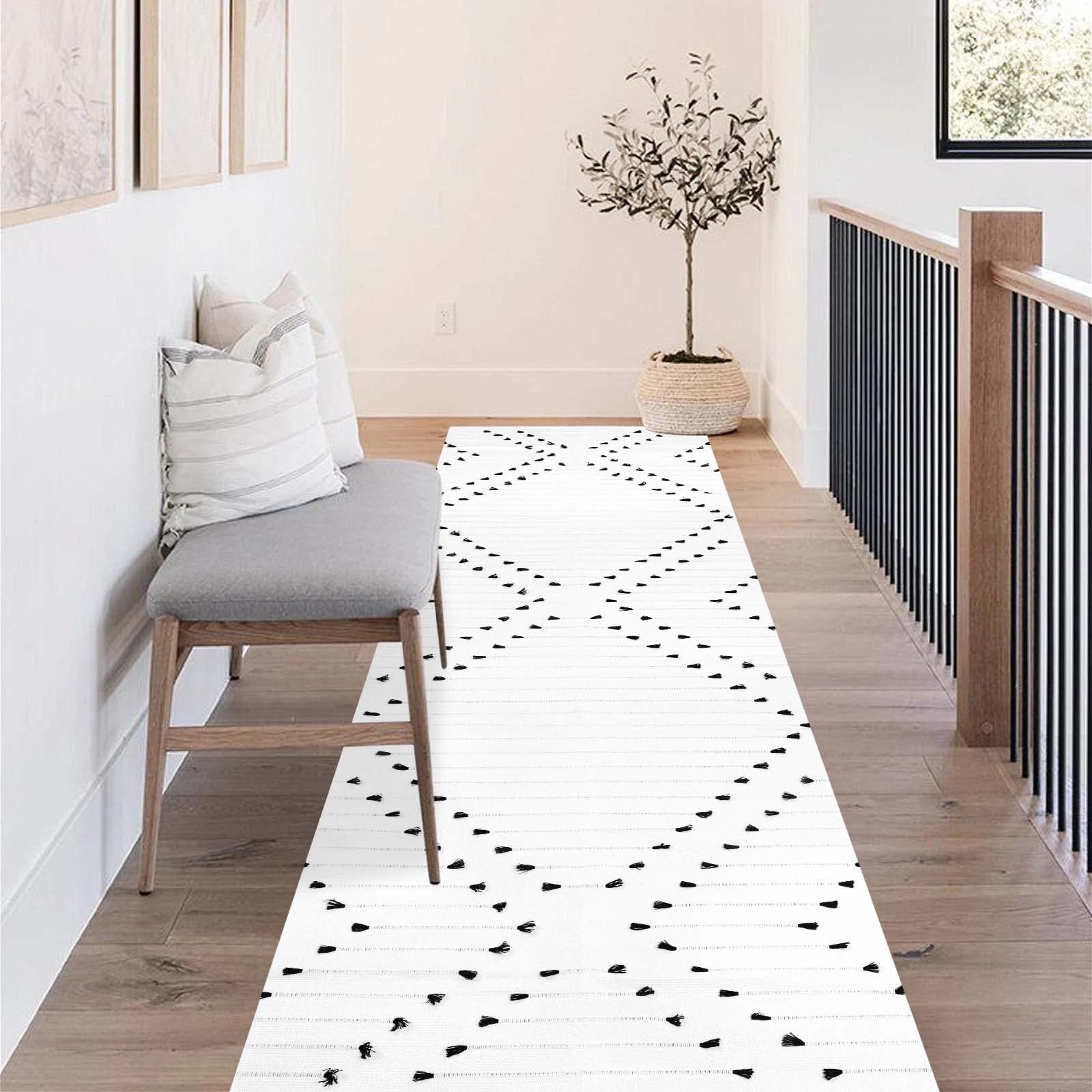 Photo 1 of HAOCOO 2x8 Geometric White Runner Rug, Woven Cotton, Machine Washable, Indoor/Outdoor, Hallway, Bathroom, Kitchen