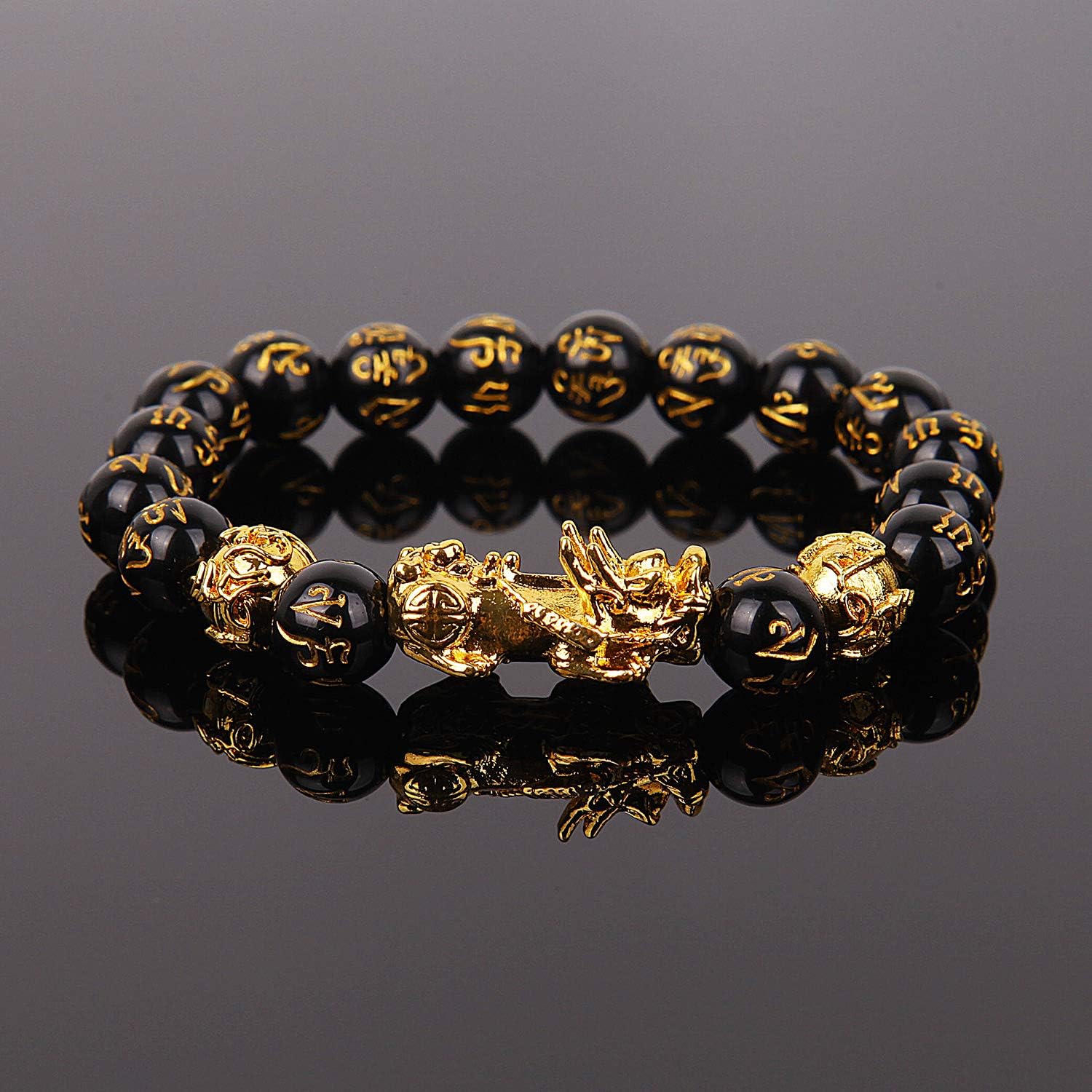 Goldenlight 2 Pcs Pi Xiu Bracelet Feng Shui Black Obsidian Wealth Bracelet for Women Men Adjustable Elastic: Clothing