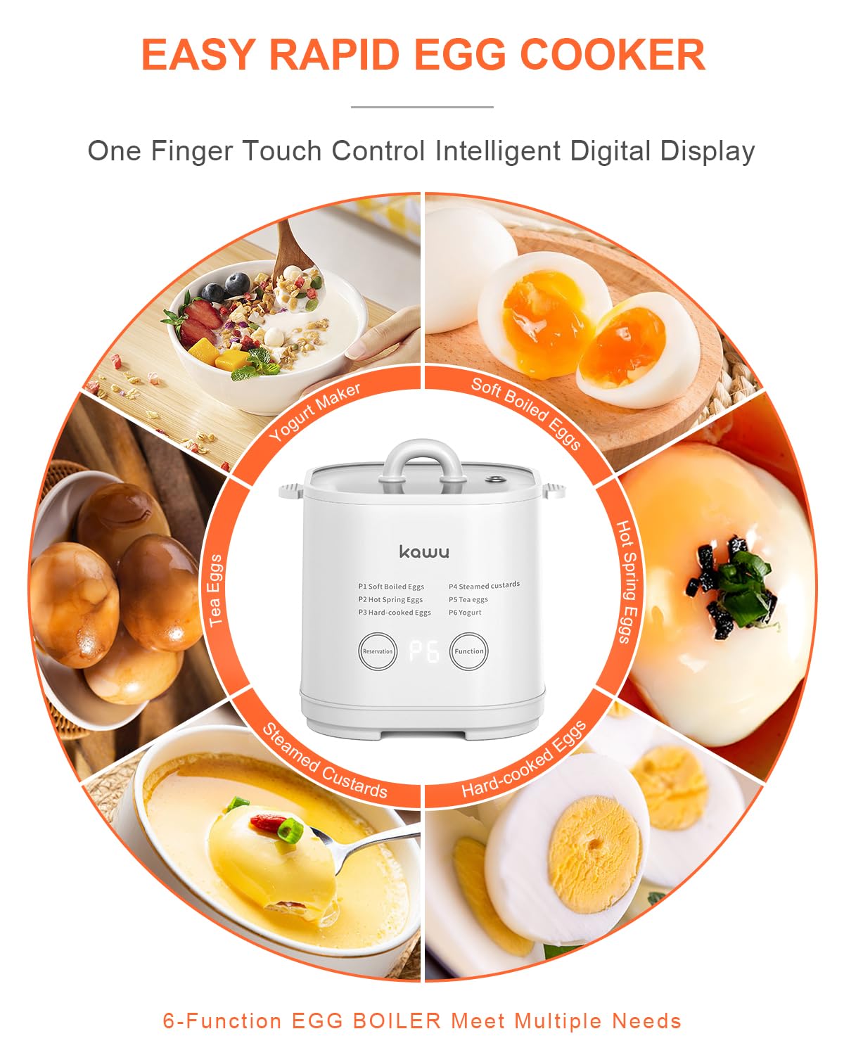 Kawu 6-Function Egg Cooker for Hard Boiled Eggs, Egg Boiler with Timer, Egg Cooker for Soft Boiled Egg, Electric Egg Boiler with Auto Shut Off &Alarm, W/Bowl&Rack