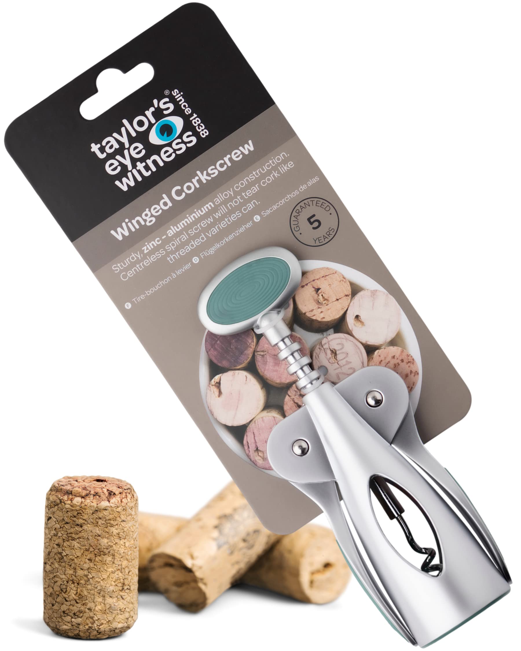 Spiral Corkscrew Wine Bottle Opener- by Taylors Eye Witness, Easy to Use, Guaranteed to Cleanly Remove Cork Without Tearing, Dishwasher Safe, Essential Kitchen Gadget for Wine Lovers, Aqua Blue