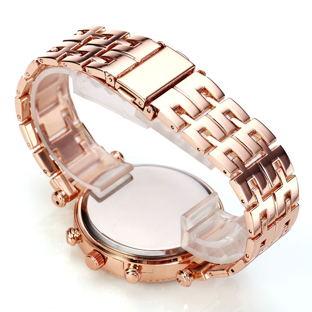 JSDDE Uhren,Klassische Genf Damen Uhren Strass Armbanduhr Traveler unecht Chronograph Damenuhr Blogger Business Quarzuhr (Rosegold)