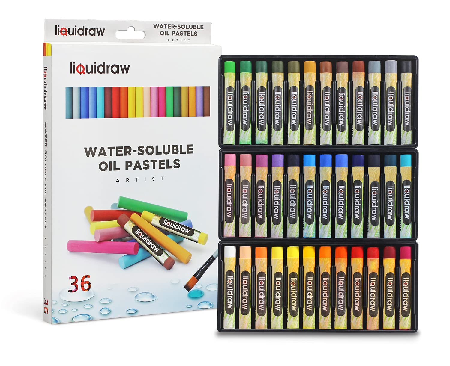 Liquidraw Soft Oil Pastels - 36 Pack | Professional Quality Watercolour | Water Soluble & Ideal for Drawing Colouring & Blending | Perfect for Artists, Students & Kids | Easy to Store in Segmented Box