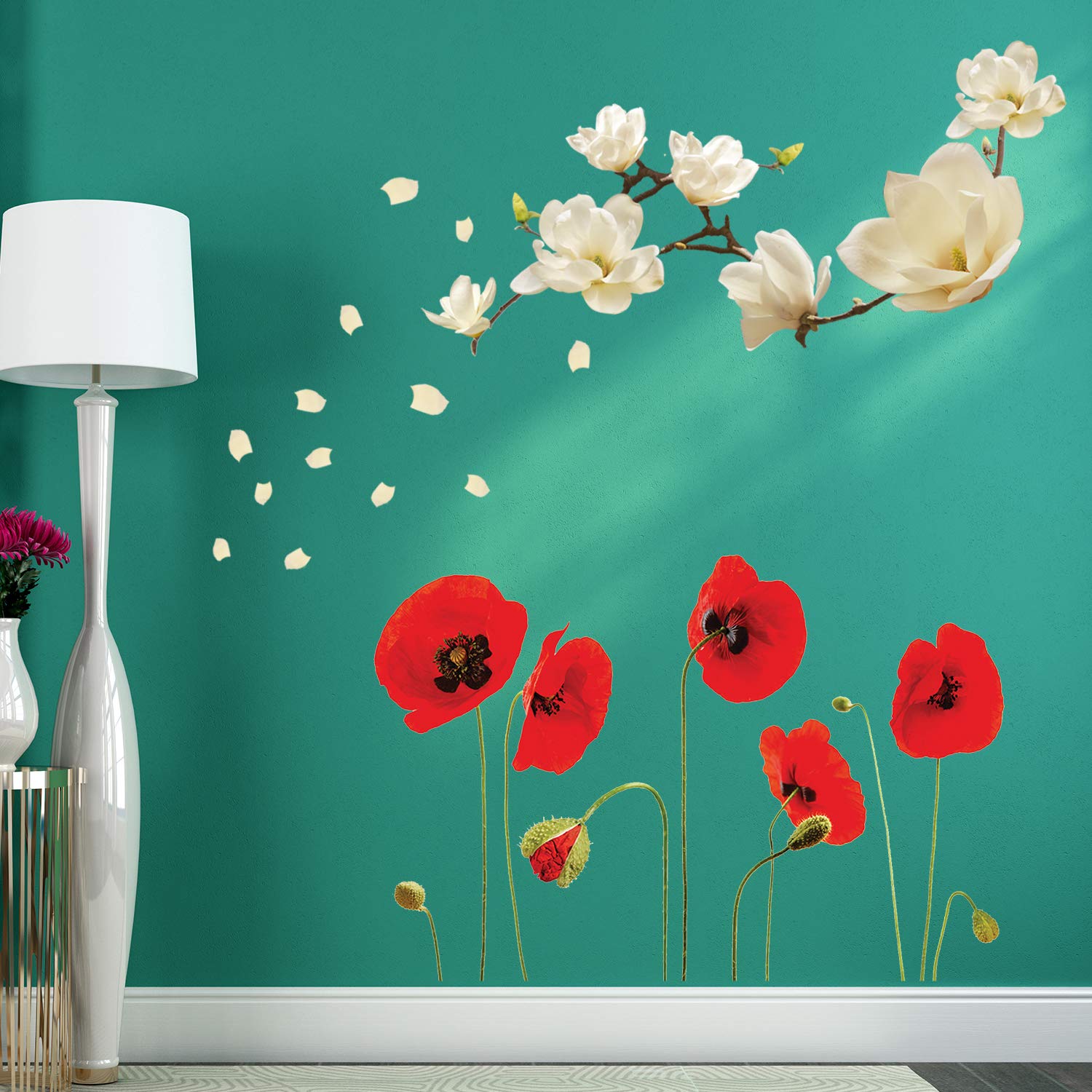 Walplus Removable Self-Adhesive Wall Stickers Small White Magnolia with Red Poppy Flowers Wall Mural Art Home Living Room Decoration Décor Restaurant Cafe Hotel Nursery Decoration