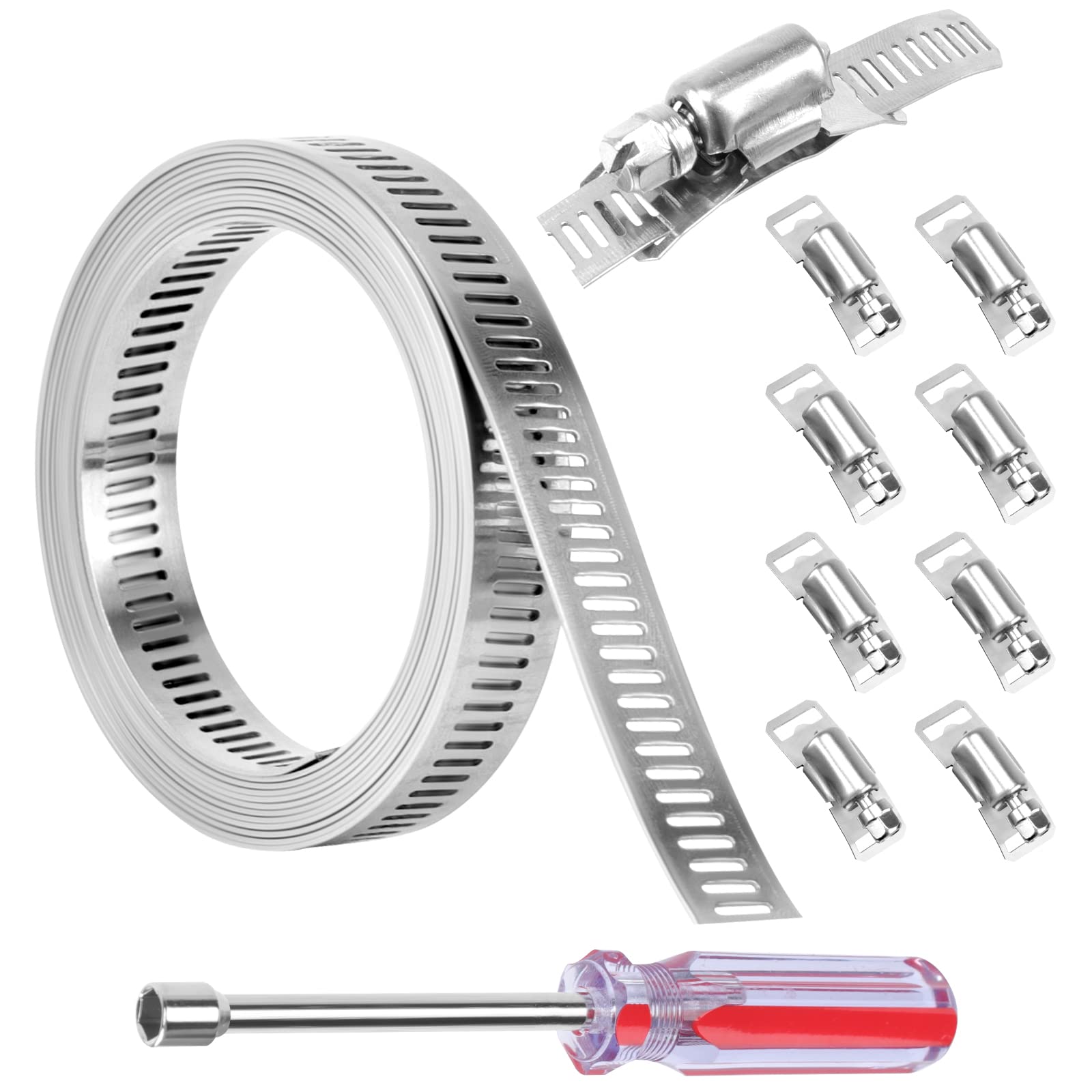 Hose Clamps 10Pcs Jubilee Clips 2.5m/8.2ft Stainless Steel DIY Worm Clamp with 8 Fasteners Fasteners Pipe Clamp Adjustable Hose Clamps with 8MM Socket Screwdriver for Tube, Plumbing and Fuel Line