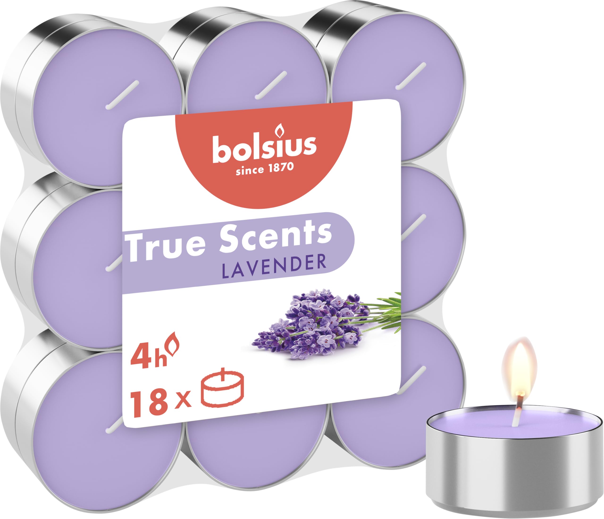 Bolsius - Fragrance Tealights - Lavender - Pack of 18 - Long Burning Time of 4 Hours - Household Candle - Interior Decoration - Natural Extracts - Includes Natural Vegan Wax - No Palm Oil