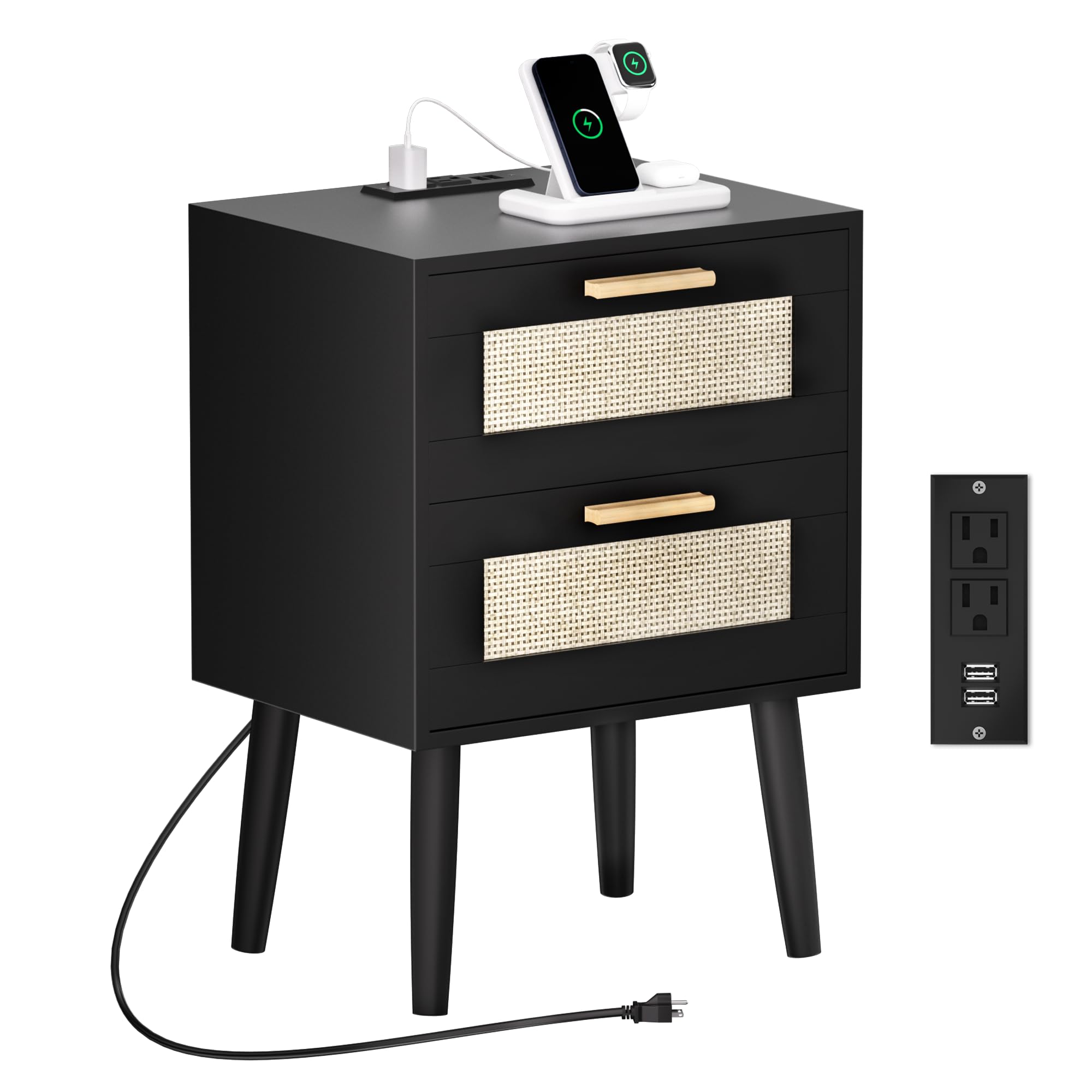 Photo 1 of ***(PARTS ONLY/ MISSING PARTS/ NON FUNCTIONAL)***Ltysh Nightstand with Charging Station,Rattan Night Stand with Solid Wood Legs, Bedside Table with USB Ports & Outlets, End Table for Bedroom (Matte, Black)