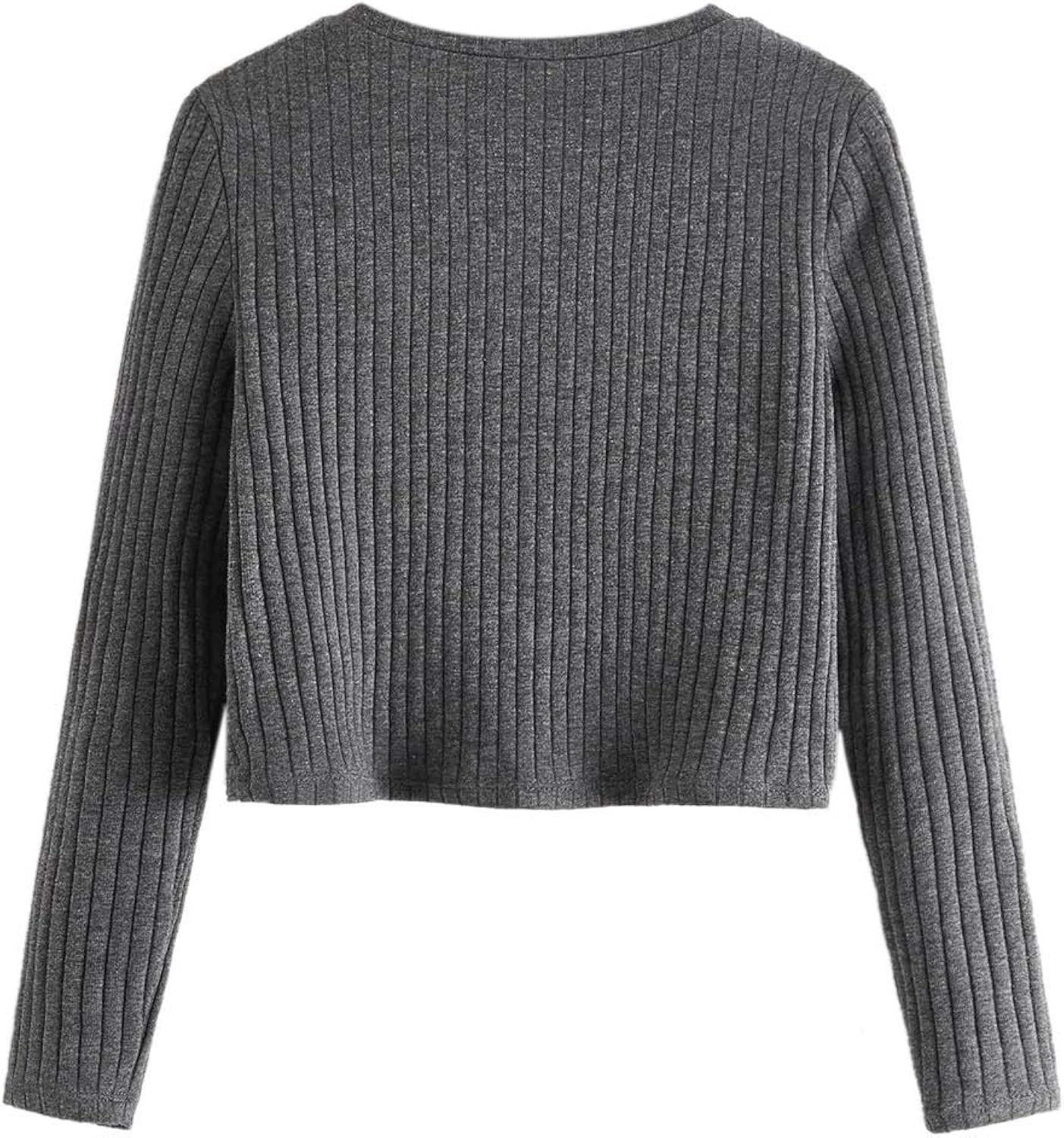Romwe Girl's Cute Rib Knit Long Sleeve Twist Front Crew Neck Slim Fit Crop Tee Top Blouse: Clothing