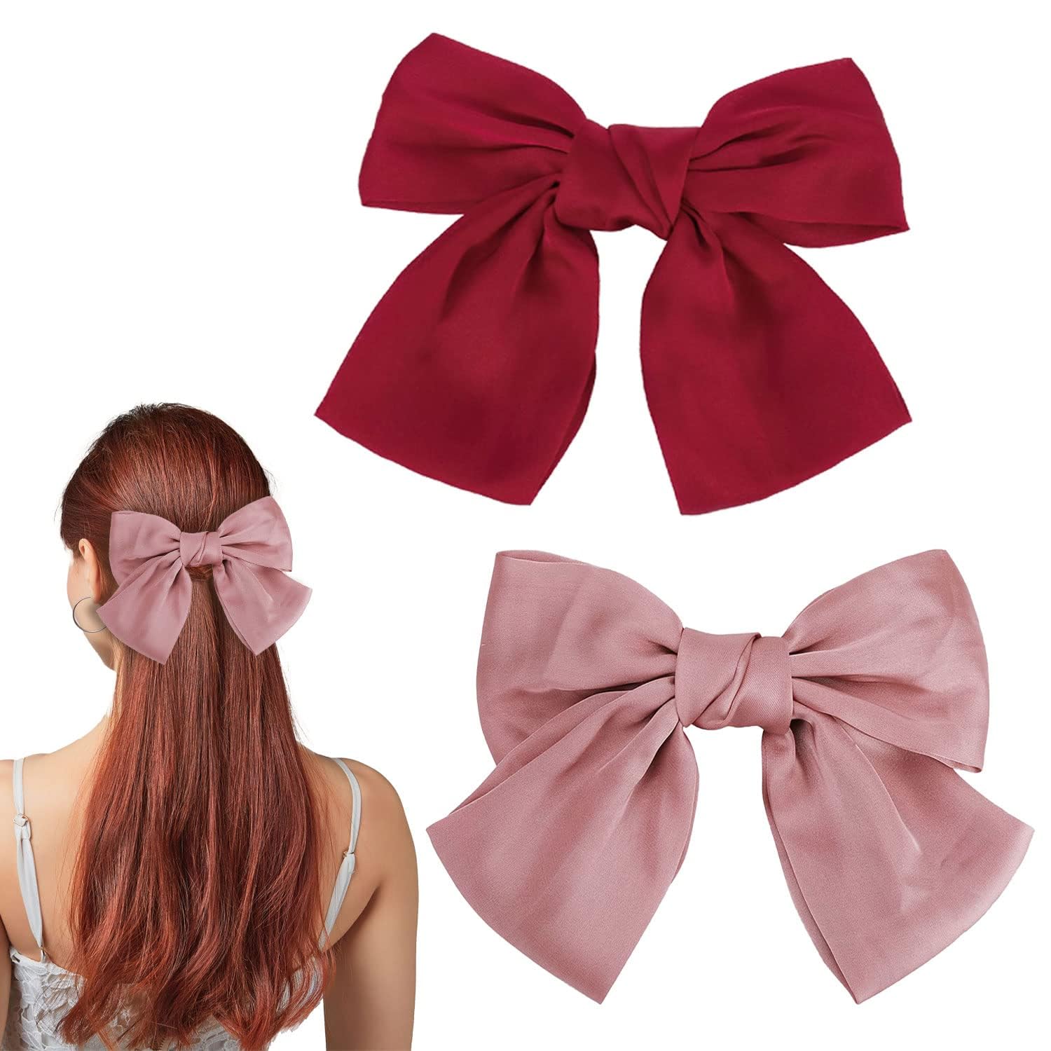 LECTNORE Bow Hair Clip - 2Pcs Pink & Red Hair Bows for Women, Satin Silky Ribbon Bowknot French Barrettes Hair Accessory for Girls
