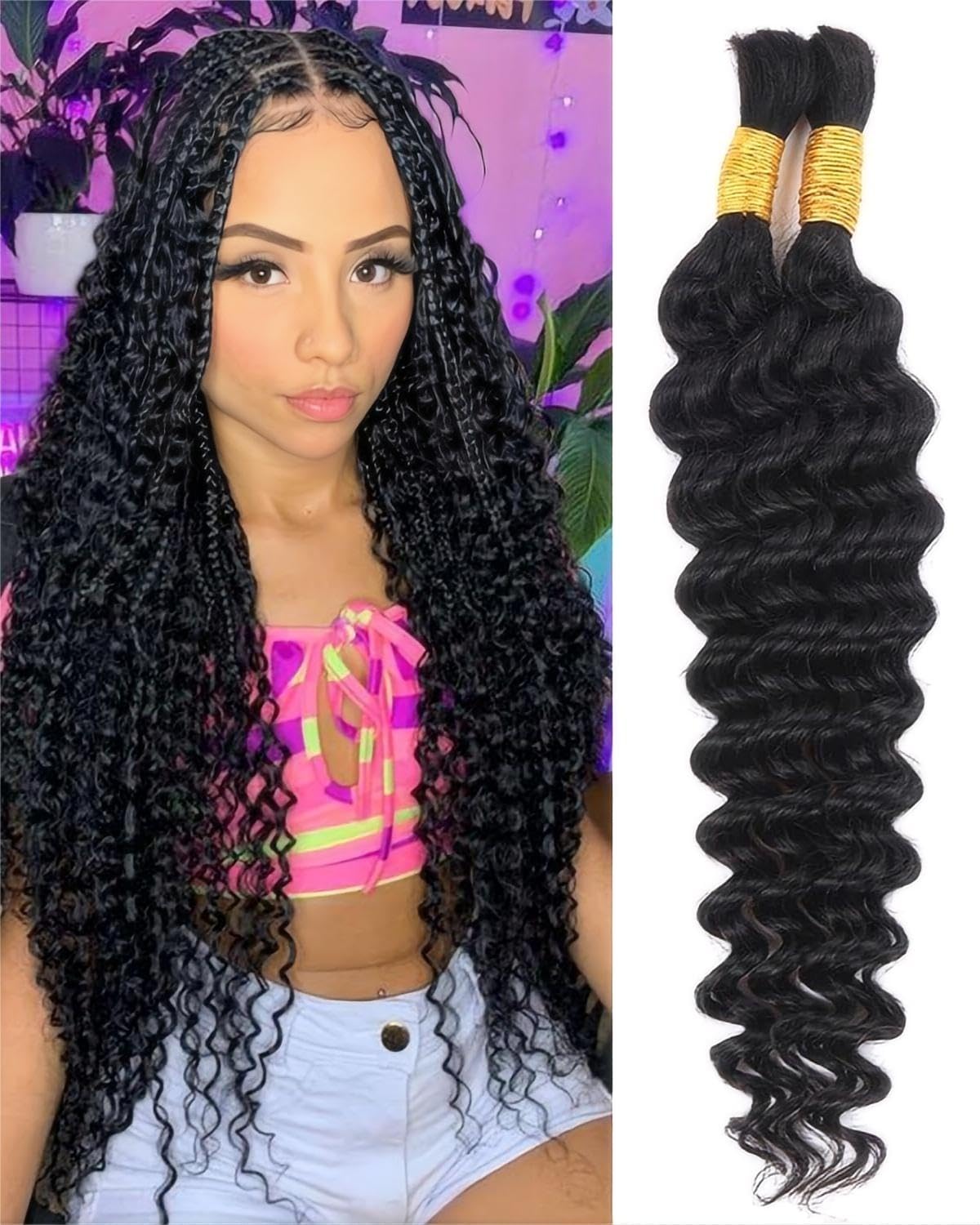 Sexycat Deep Curly Human Braiding Hair for Boho Braids 2 Bundles 16 Inch 100g，#1B Natural Black Water Wave Bulk Human Hair for Micro Braiding Wet and Wavy Human Hair Extensions — image 1