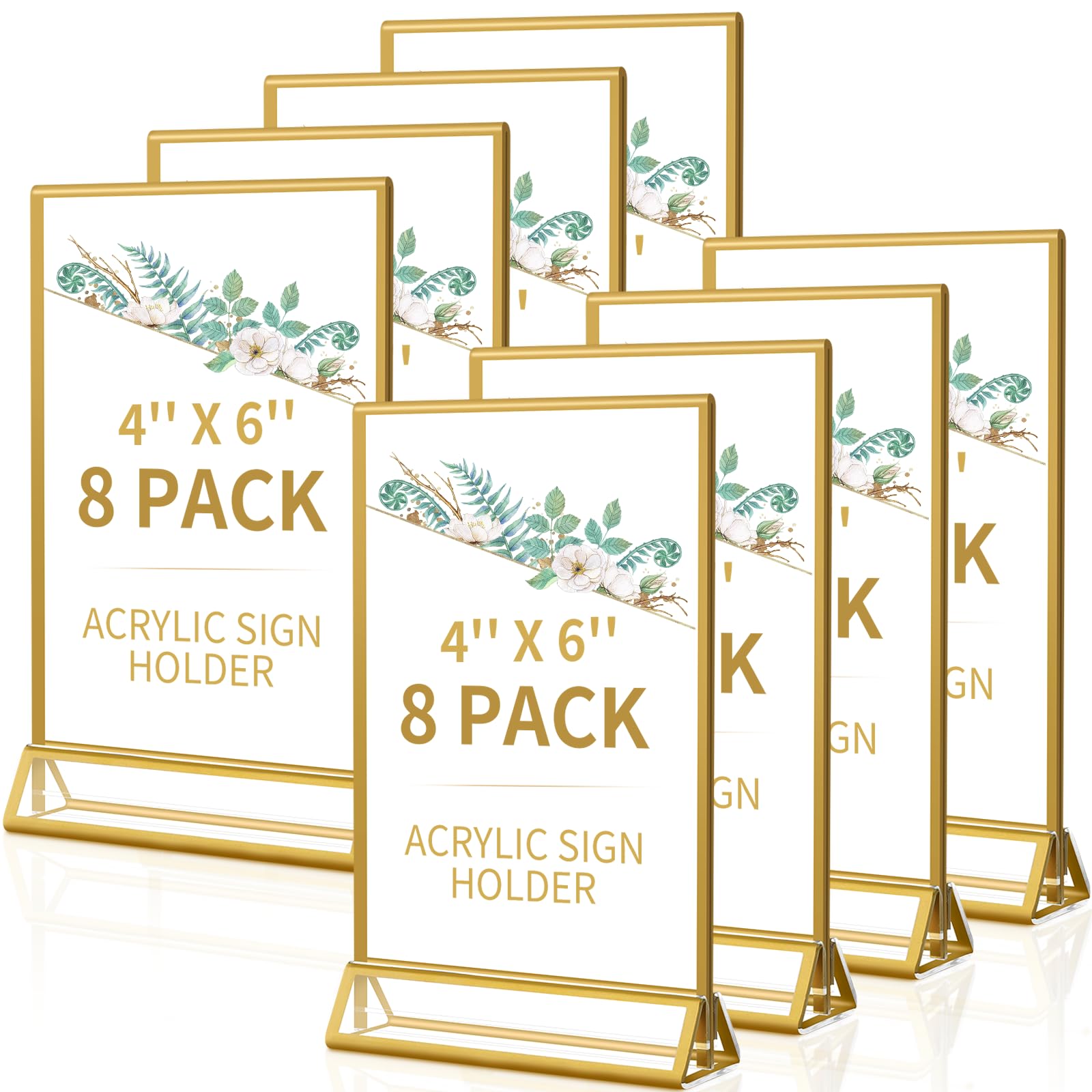 Photo 1 of Smarpau 4x6 Gold Acrylic Sign Holder Table Number Holders 8 Pack Vertical Double Sided Clear Picture Frames for Wedding Flyer Display Stands Table Menu Holders