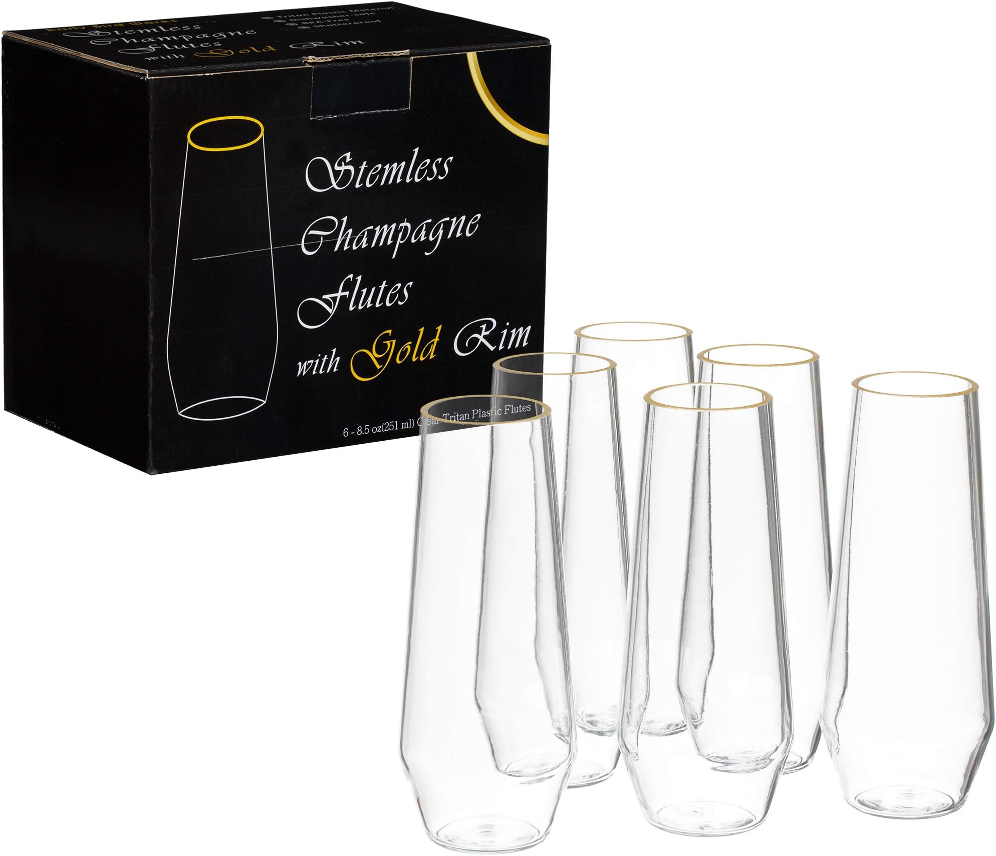 Gold Plastic Champagne Flutes Disposable 6 Pack 8 Ounce Elegant Reusable Shatterproof Unbreakable Heat Resistant Clear Plastic Toasting Glasses Cup Wedding Cocktail Outdoor Stemless Champagne Flute