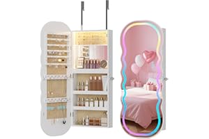 Lvifur RGB Lighted Mirror Jewelry Cabinet,LED Wavy Wide Mirror with Storage, Wall or Door Mounted Jewelry Organizer with Interior Mirror,Lockable Jewelry armoire,Gift Ideal