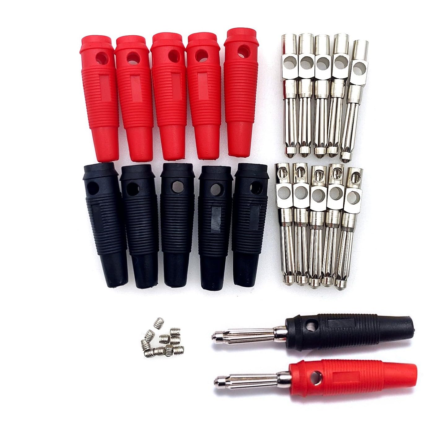 JZK 10 Pcs Black Red Banana Plug Jack 4mm, 32A High Current Banana Plugs Solderless Male Stackable Connector Speaker Cable Adapter Insulated Safety Shrouded Banana Jack Plugs ﻿
