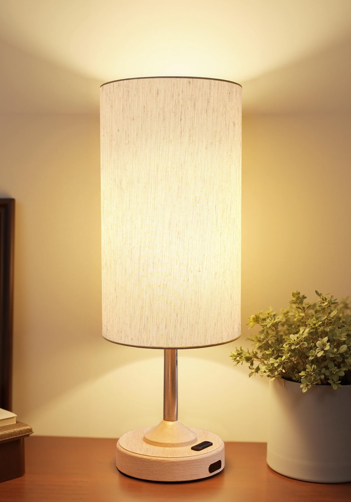 Photo 1 of Bedside Table Lamp, Cordless, Dimmable, Touch, Timer, 2700K, Bedroom, Portable, LED, Wireless, Rechargeable, Battery Operated, Desk Lamp, Fabric Shade, Wood-Grain Finish, Living Room, Dining Room