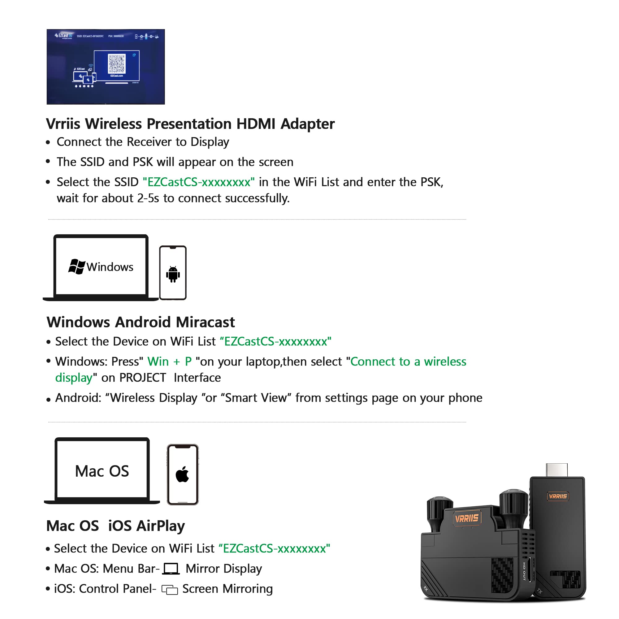 Vrriis Wireless HDMI Transmitter and Receiver,Plug&Play,Pocket 1080P HD Wireless Video Transmitter and Receiver,330FT Range from Laptop,PC,Phone Casting to Monitor/TV for Meetings,Education & Lecture