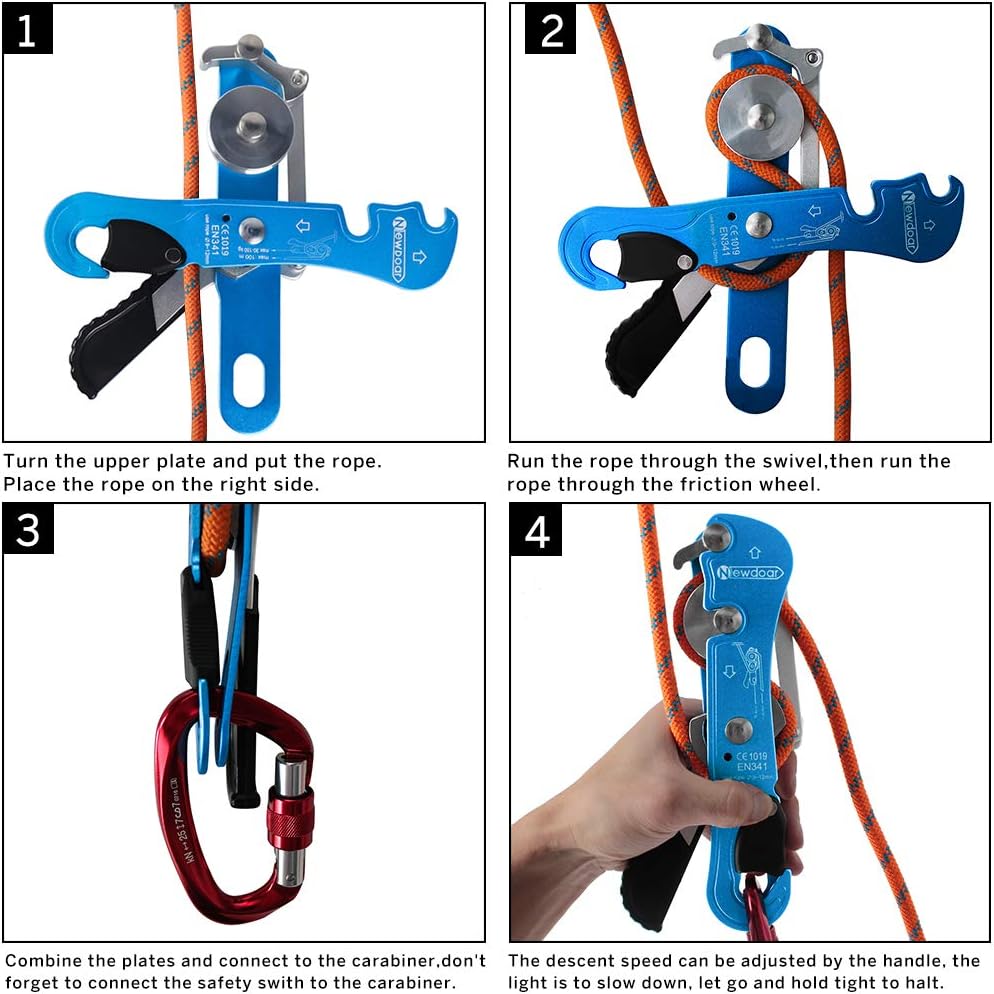 NewDoar Climbing Stop Descender Rappelling Belay for Ropes 9-12mm The Novices for Rescue & Arborist CE Certification(Blue) : Sports & Outdoors