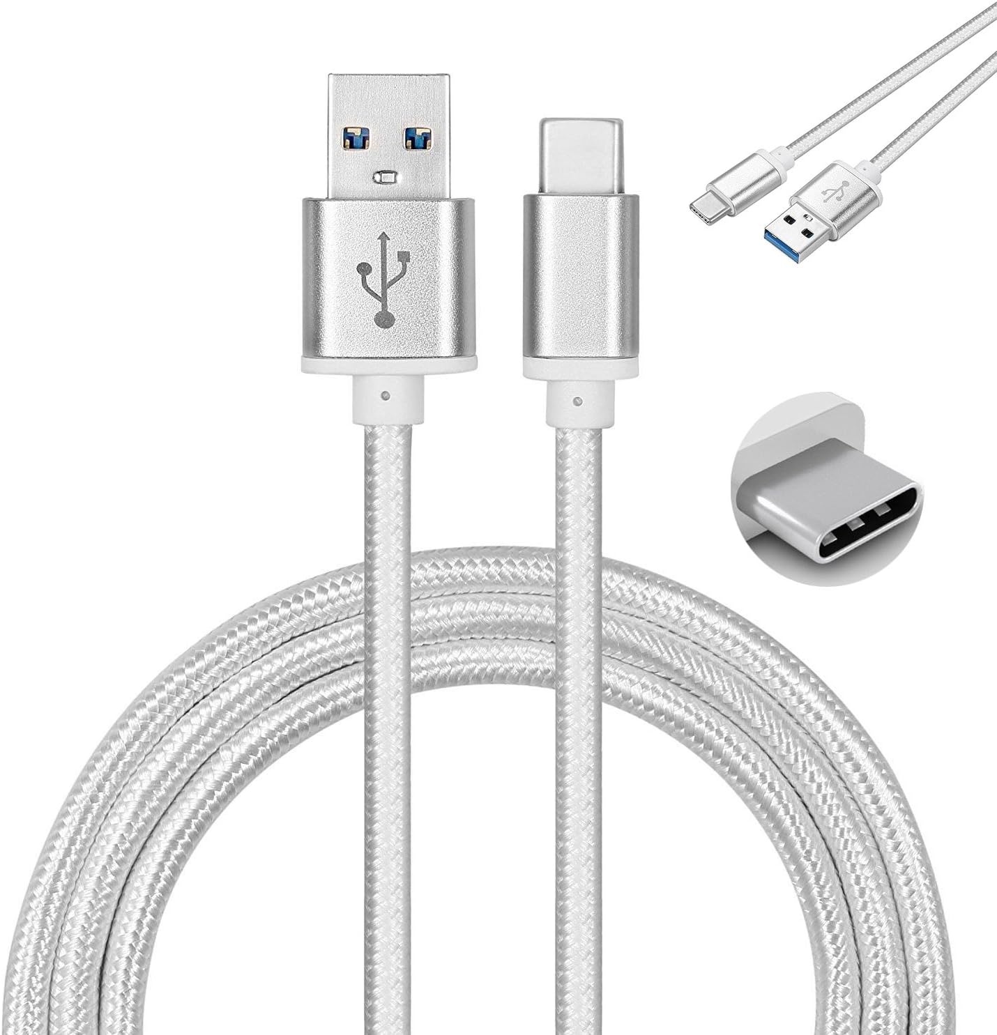 Maze Alpha 6 Inch Strong Reinforced Nylon Braided 1 Metre Fast Charging Type-C USB Data Cable Charging Sync Transferring Lead Cable – SILVER [Metal Connectors] [USB-C to USB A]