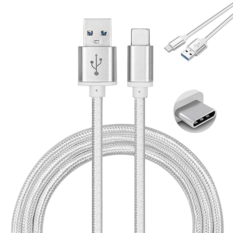 Doogee F7 Pro Starkes Nylon Geflochten USB C Kabel auf USB 2.0 [1M] USB Type C Ladekabel – SILBER [Metall Steckverbinder] [US