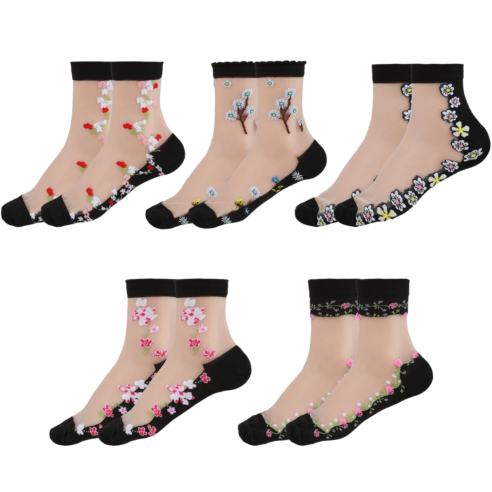 Photo 1 of 5 Pairs Women's Sheer Floral Ankle Socks - Transparent Black Lace Ultra-Thin See-Through Fancy Hidey Mesh Socks for Girls